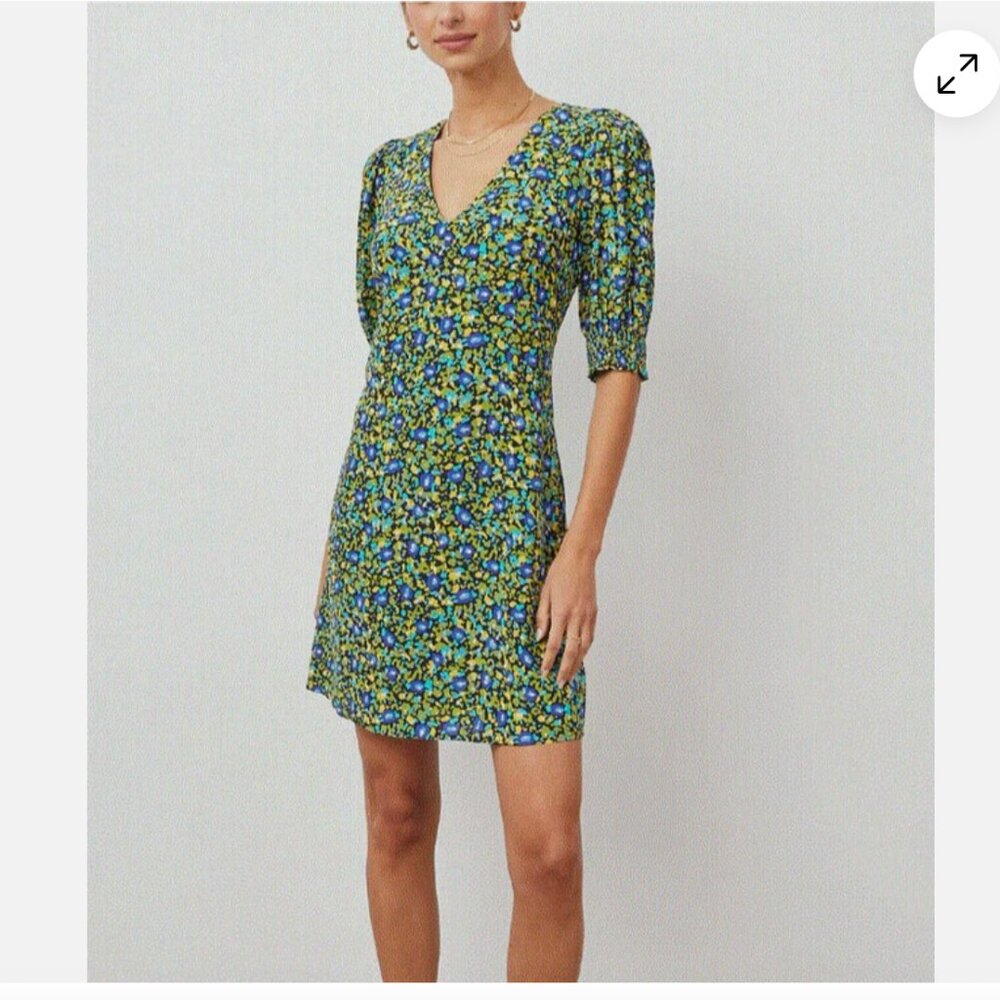 Rails Roma Mini Dress Abstract Garden Floral Green V-neck Puff Sleeves